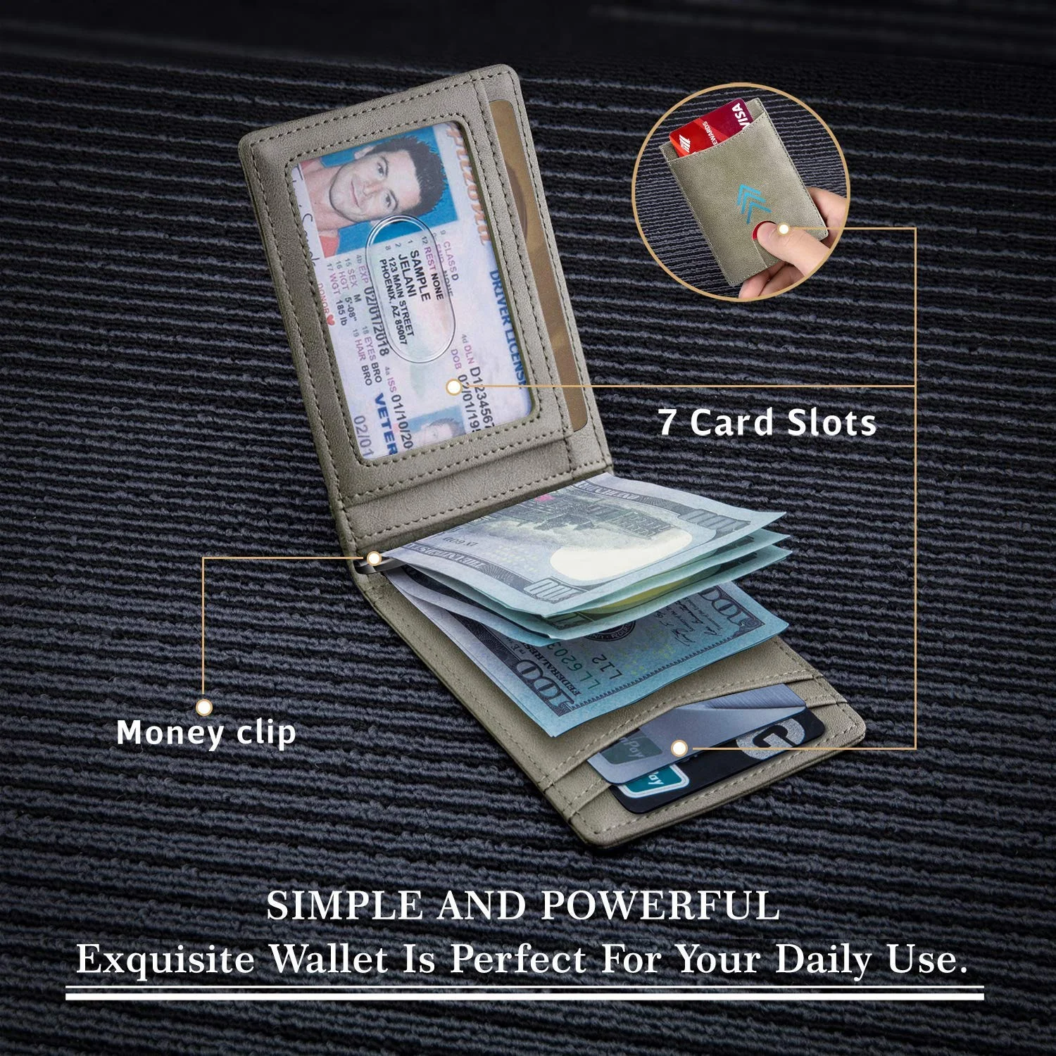 Grey Vegan Leather Minimalist Ultra Thin Brushed Dollar Clip Wallet RFID Blocking Slim Man Money Clip Wallet
