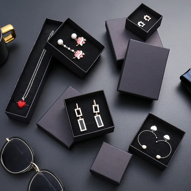 Wholesale Custom Logo Kraft Black Cardboard Boxes Luxury Paper Jewelry Package Box For Rings With Sponge