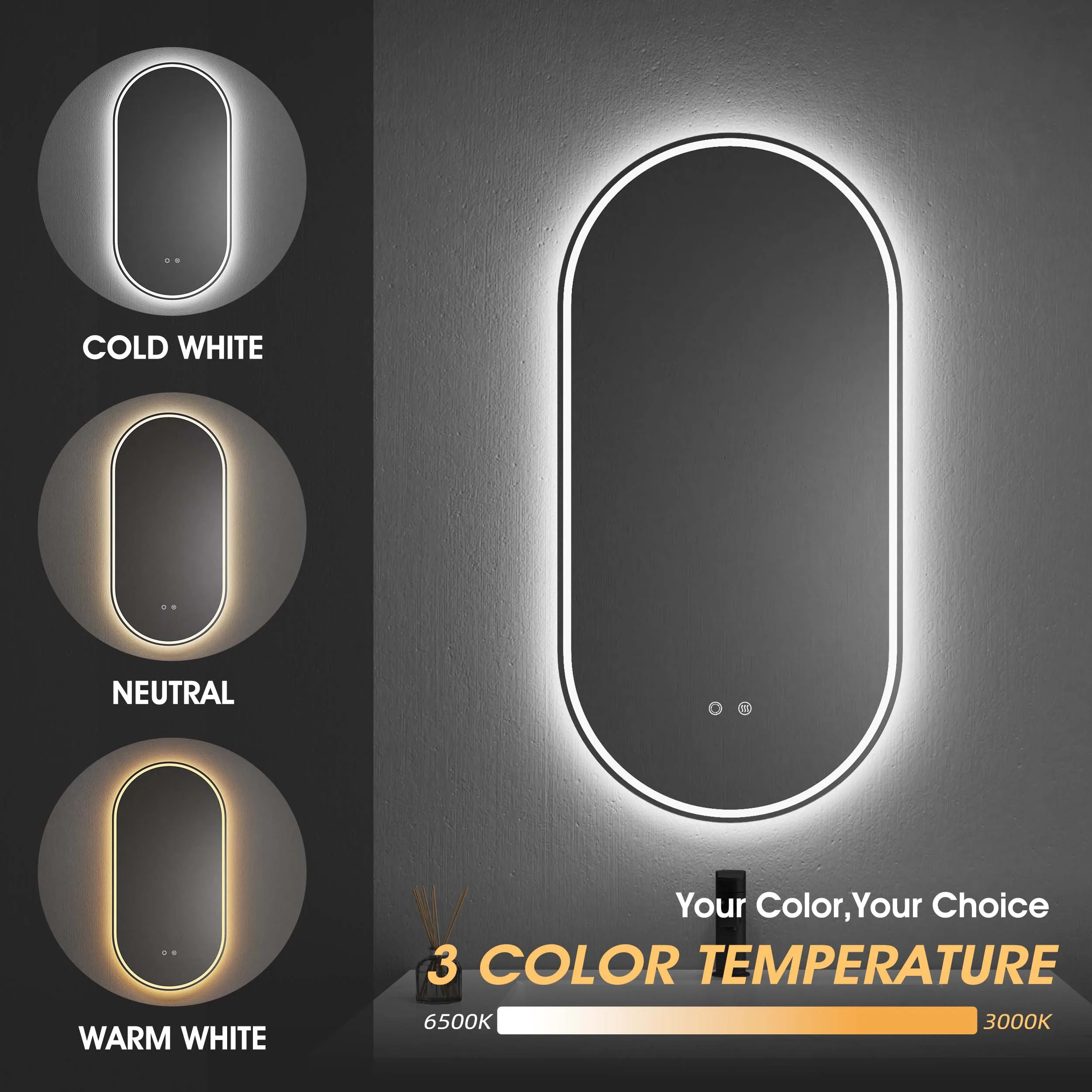 Oval shape anti fog smart wholesale vanity frameless wall manufacturers led light hotel mirror bathroom oval