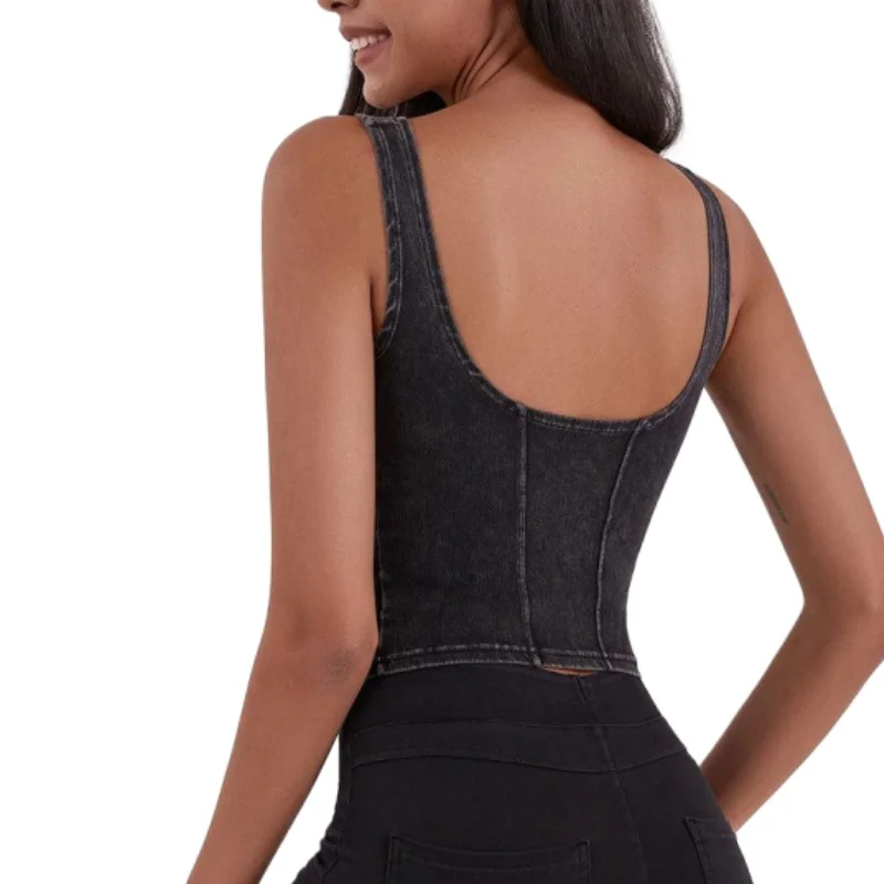 Aoyema Fashion Sexy Solid color Sleeveless U-shaped High Elastic denim Tank irregular suspender  Slim Sexy Yoga Tops Vest