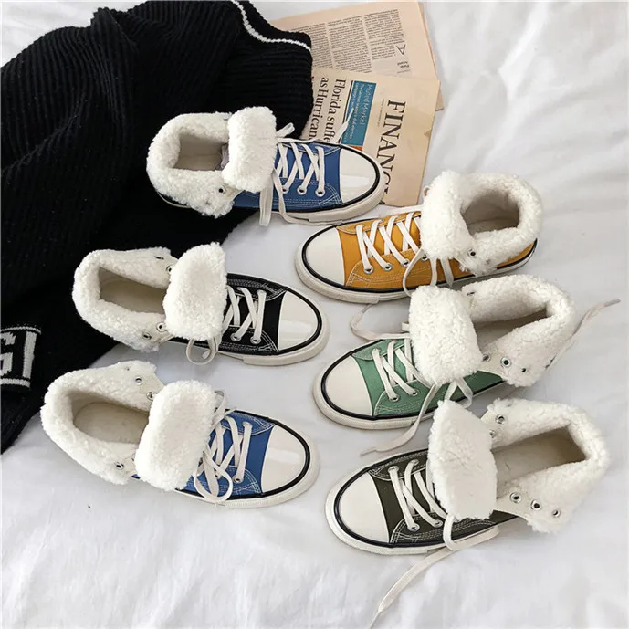 Winter Unisex Couple High Tops Flat Velvet Inside Keep Warm Canvas Shoes