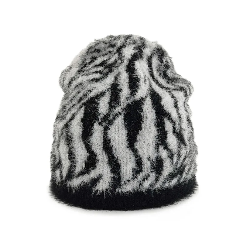 Теплая шапка, зимняя плюшевая вязаная модная шапка, лидер продаж, мягкая пряжа, жаккардовые женские шапки с зеброй, облегающие шапки на заказ