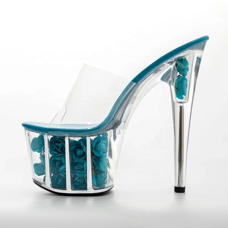 about 7 inch transparent heel slide sandals sexy Rose Crystal Love 17 cm super high heels platform high heels nightclub