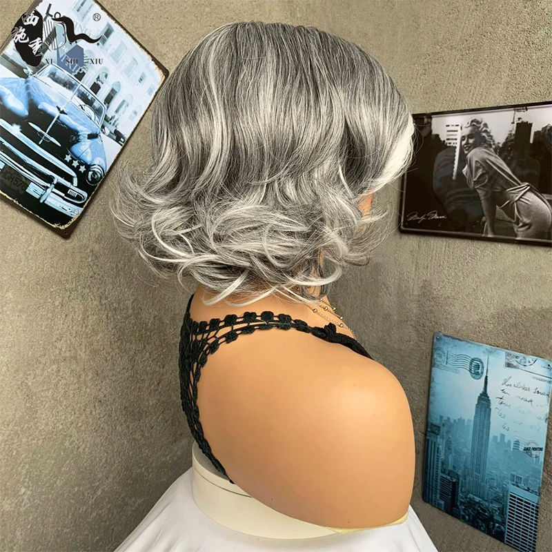 XISHIXIUHAIR short synthetic hair bob wig with kinky straight grey mixed color bob hair synthetic wigs for women