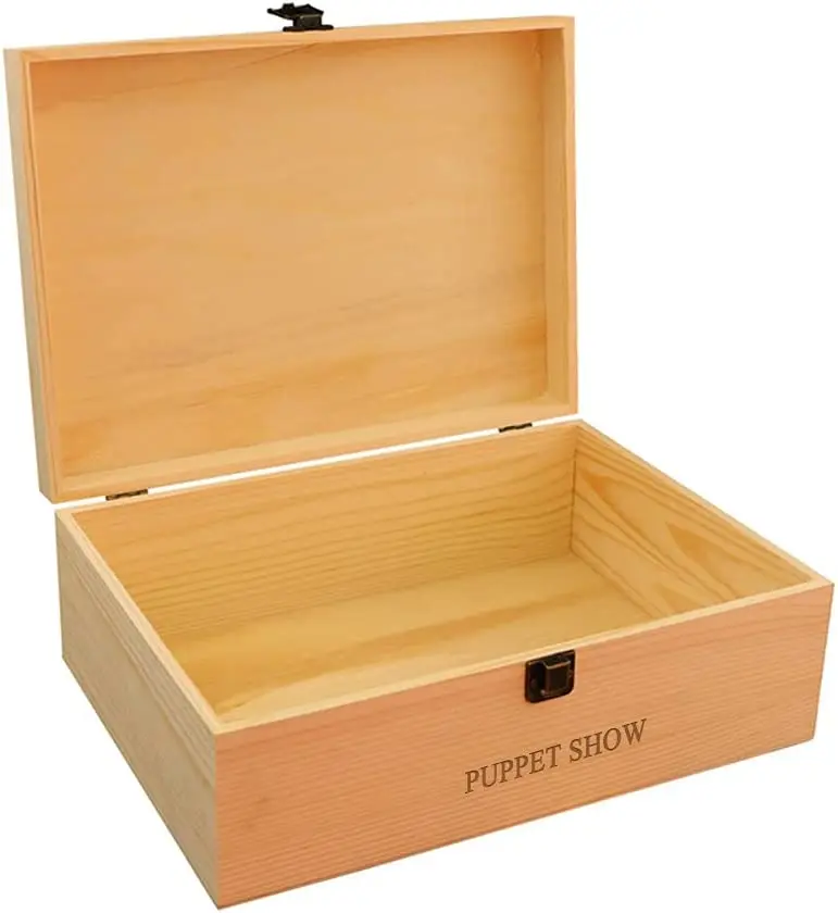 Puppet Show Rectangular Natural Pine Box with Hinged Lid and Front Buckle