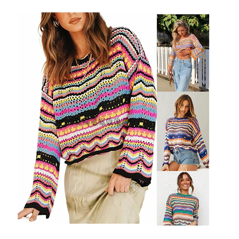 Ladies  knit sweater loose rainbow color round neck striped sweater