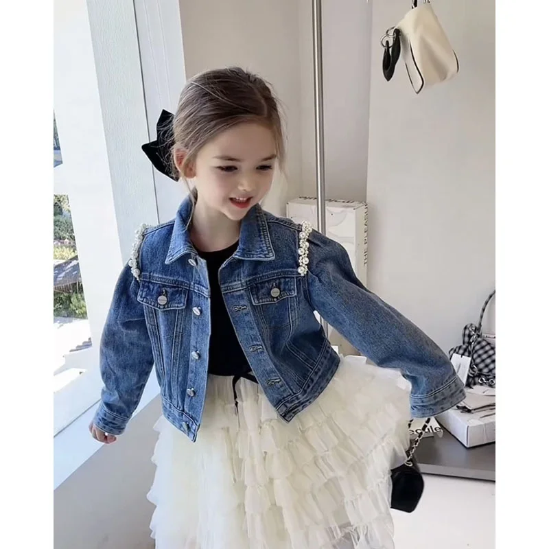 Модное джинсовое пальто для девочек на заказ, повседневное помытое свадебное детское джинсовое пальто с жемчугом