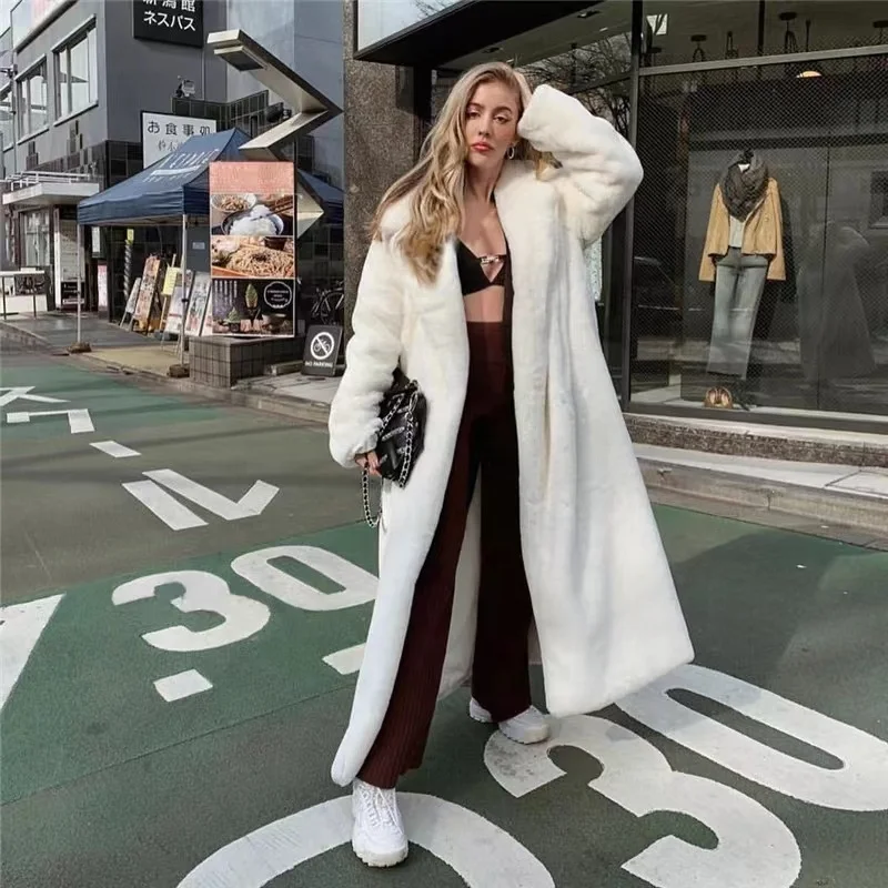 Fluffy  Oversize Faux Fur Coat Winter Warm Long White  Women with Hood Lapel Sashes Loose Korean Fashion 2021 Outerwear