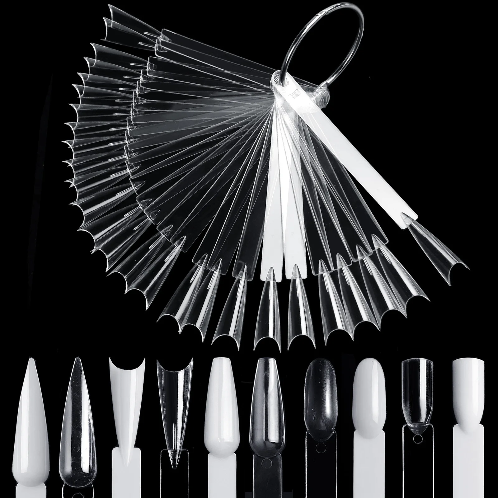 Transparent Plastic Handle Fan-Shaped Nail Art Tips Display Stand with False Nail Sample Sticks and Color Practice Board