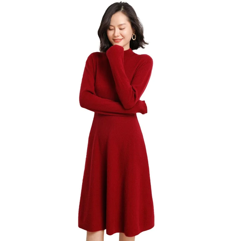 Korea style 100%  wool dress middle long length knitted wear for women