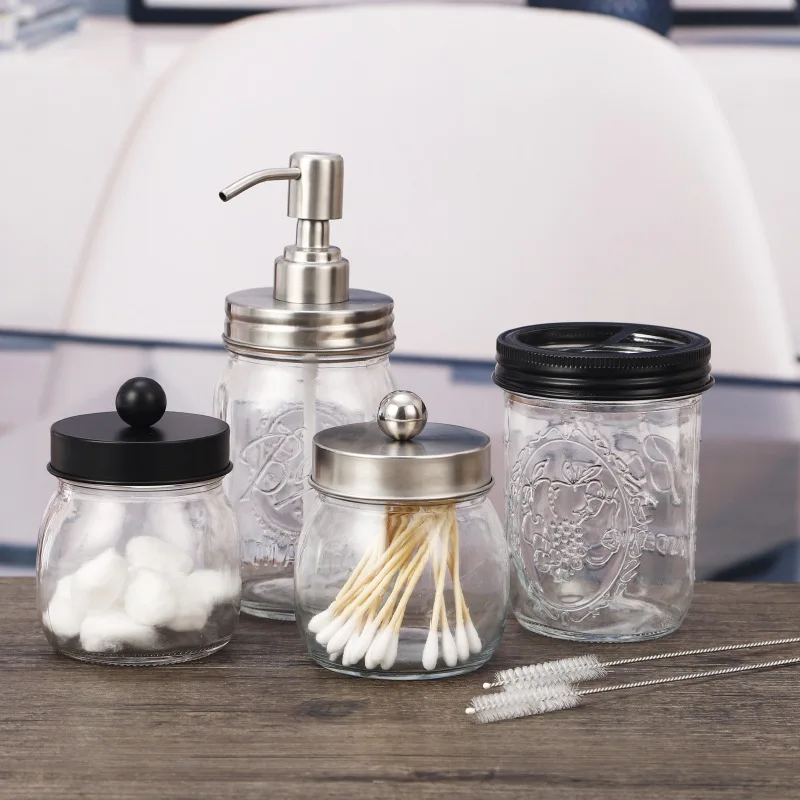 
Amazon Hot Sale Glass Soap Storage Container,Cotton Swab Ball Holder,Toothbrush Holder Bathroom Sets 