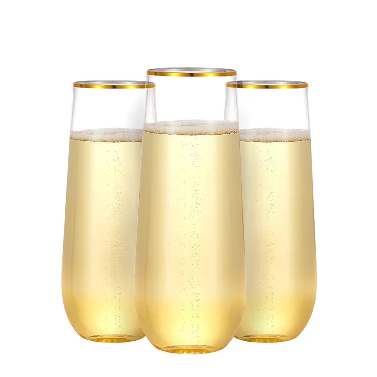 New arrival Disposable Elegance plastic Gold Rim stemless Champagne glasses Clear color wine glass for wedding/household