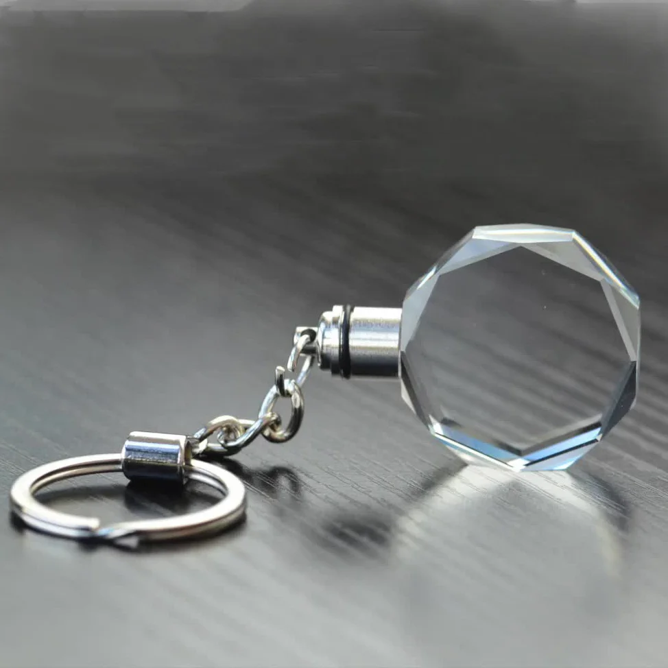 Fashion 3D Laser Engraved Light Up Transparent Crystal Keyring/LED Flash light Crystal Key Chains Promotion Gift