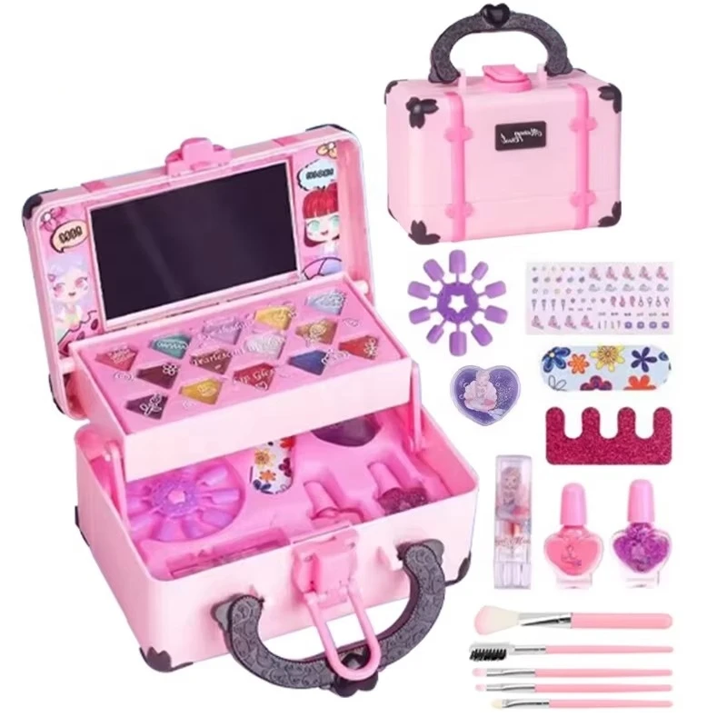 2024 New Makeup Toy Kit For Girls Washable Makeup Set With Real Cosmetic Case For Princess Pretend Play Nail Art Toys Beauty