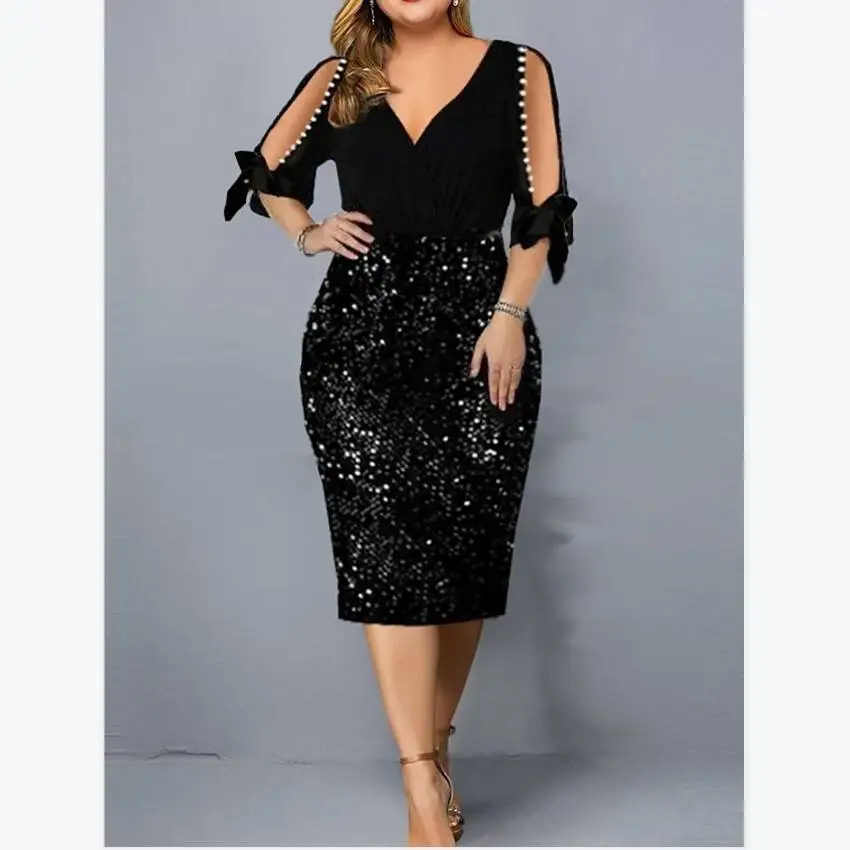 New Fashion Europe And American V-neck Personality Sequin Design Sexy Bodycon Party Dress Women Half Sleeve Plus Size Dresses