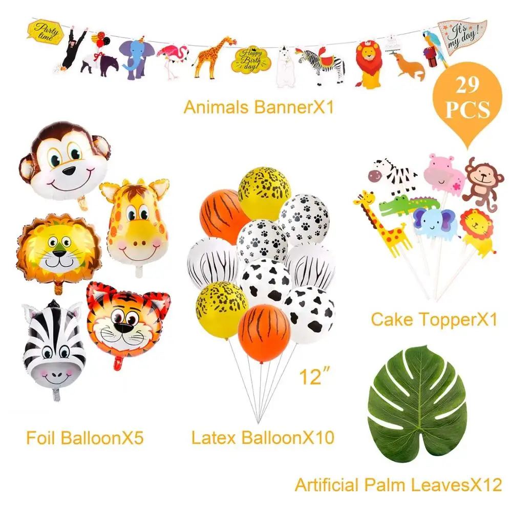Partycool 29pcs Jungle Theme Party Decorations Animal Head Balloons Latex Print Balloon Safari Baby Shower Party Decor