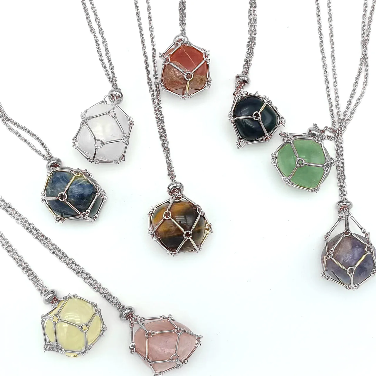 Wholesale White Pink Quartz Tiger Eye Agate Stainless Steel Metal Net Weaving Crystal Stones Jewelry Necklace For Women