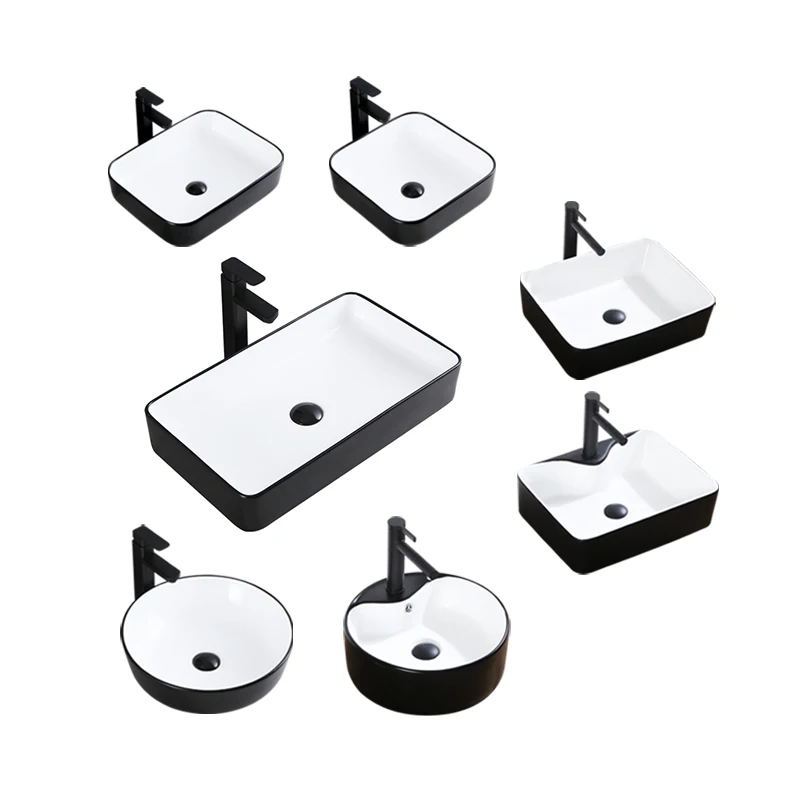 Square Bathroom Black Ceramic Round Countertop Wash Basin Bowl White Table Top Lavatory Sink