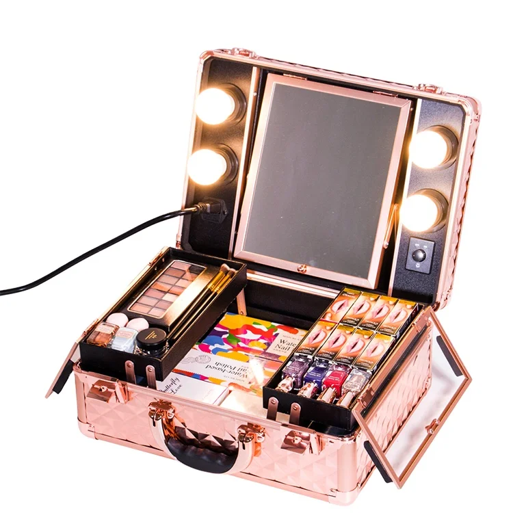 FAMA factory KONCAI  Hot Selling Portable Rolling Studio Case LED Lighted, makeup kit box rose gold  makeup case with light