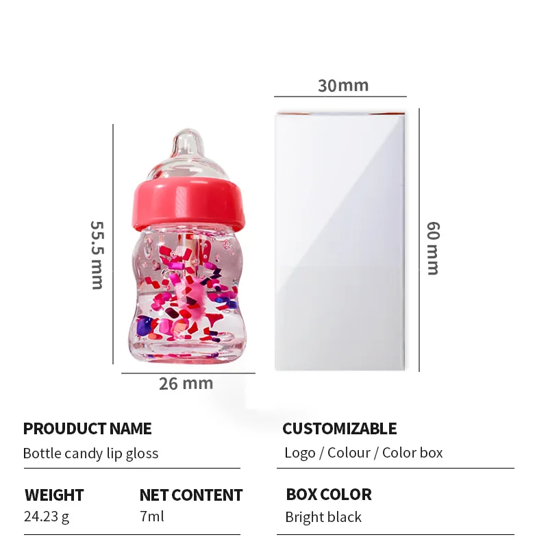 High quality Wholesale Hydrating Kids Cute Baby Bottle Candy Lip Gloss Tubes Lip Oil Plump Private Label Custom Vegan Lip Gloss