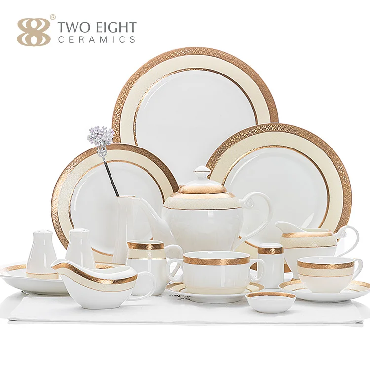 57 PCS Gold Rim Bone China Porcelain Dinner Plate Set Dinnerware Sets Wholesale Luxury Ceramic Tableware Set