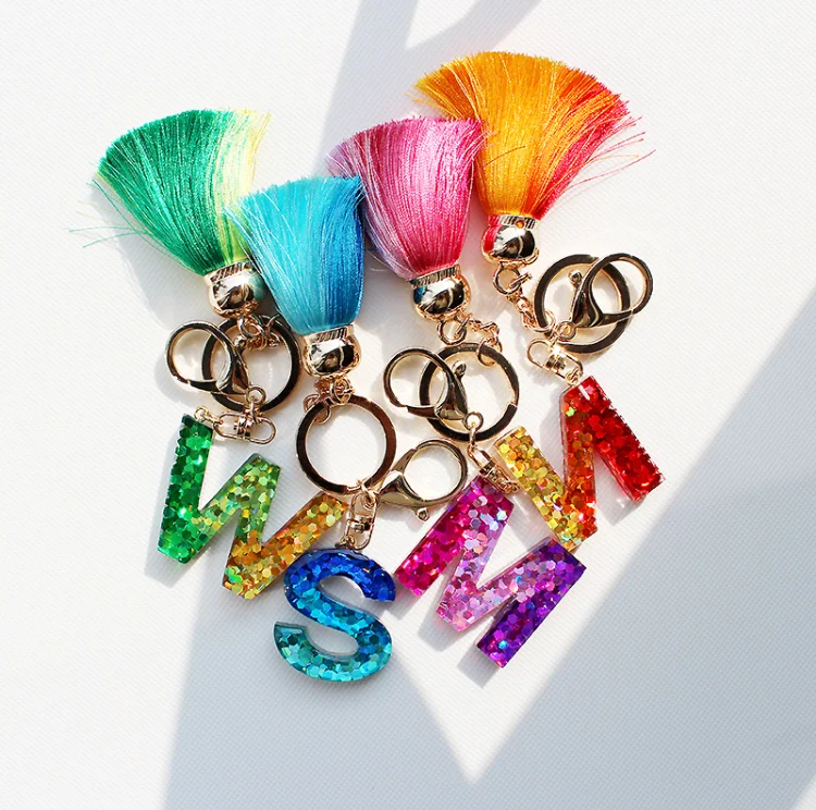 gradient Sequin tassel 26 letters resin keychain, Acrylic 26 capitals alphabet Initial glitter bag charm pendant car keyring,