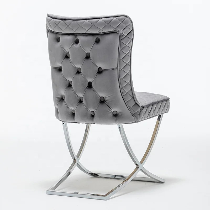 
Velvet fabric dark grey cross stainless dining chair 