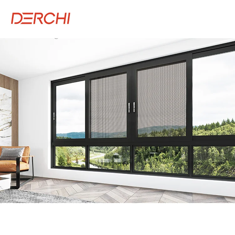 Latest design 3 tracks three panel slim frame french glass sliding windows mosquito net for windows