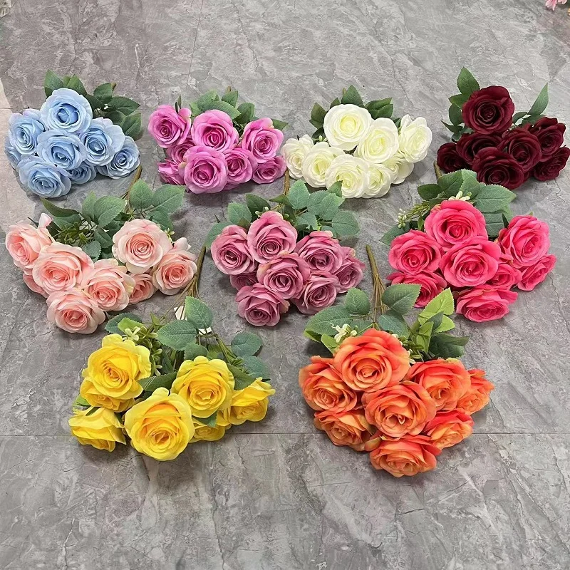 Artificial Wedding Decoration Silk White Rose Bouquets Flower Rose Bouquet Backdrop Flowers 9 Heads