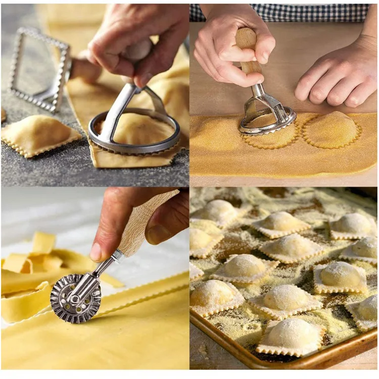 Wooden Handle Square Round Heart Star Dumplings Ravioli Stamps Mold With Steel Ravioli Maker Cutter Set