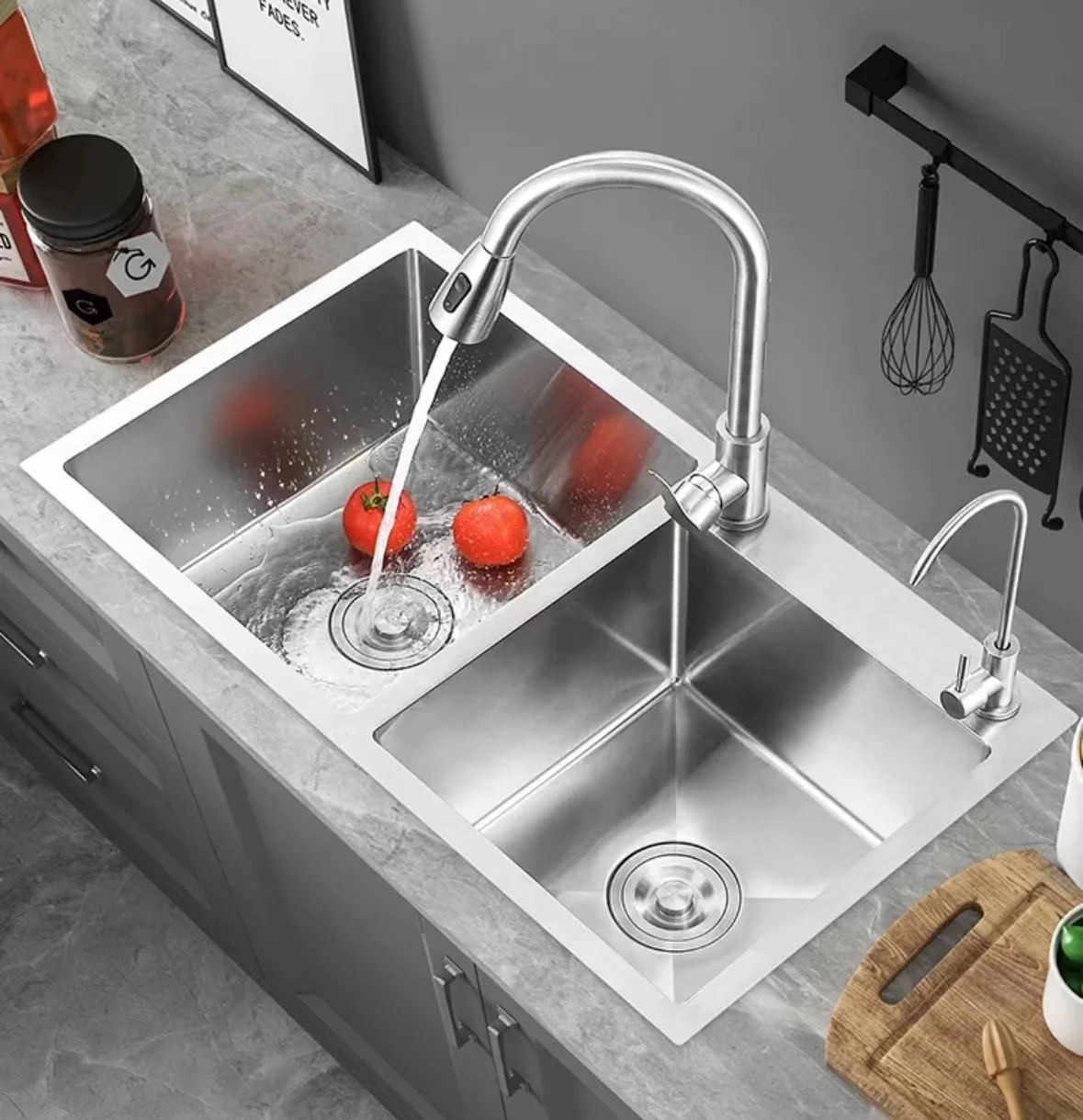 Handcrafted Custom Rectangular Double Bowl Practical Sink, New Base, Portable Hand Washing Household Sink