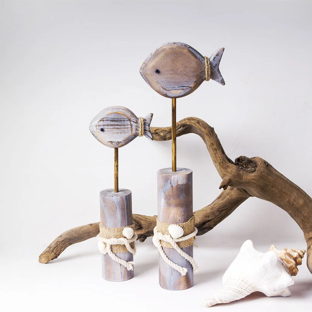 2pcs Wooden Fishes Figurine Nautical Vintage Sea Bird Sculpture Desktop Ornaments