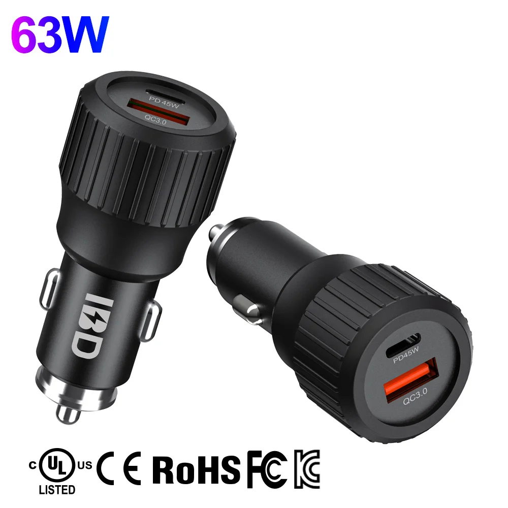 IBD OEM logo Laptop Qc3.0 18w Pd 45w PPS 55w Charger Car Type c 63w Pd Dual 2 Port Car Charger Fast Charging For Samsung Macbook