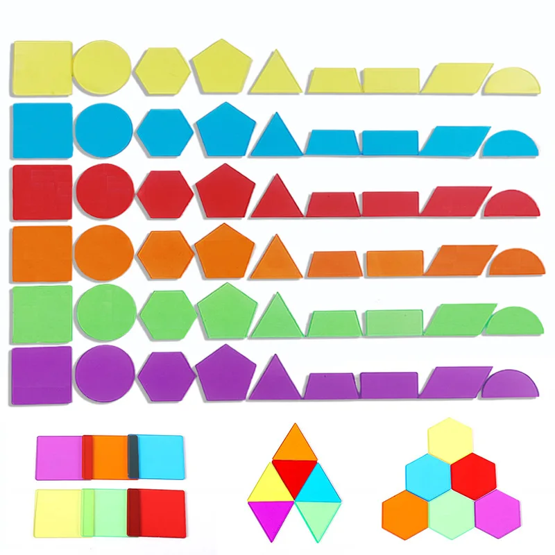 set of 54 Colorful Rainbow Plastic Shape Light Box Accessory Sensory Play Math Manipulative transparent geometric shapes for Kid