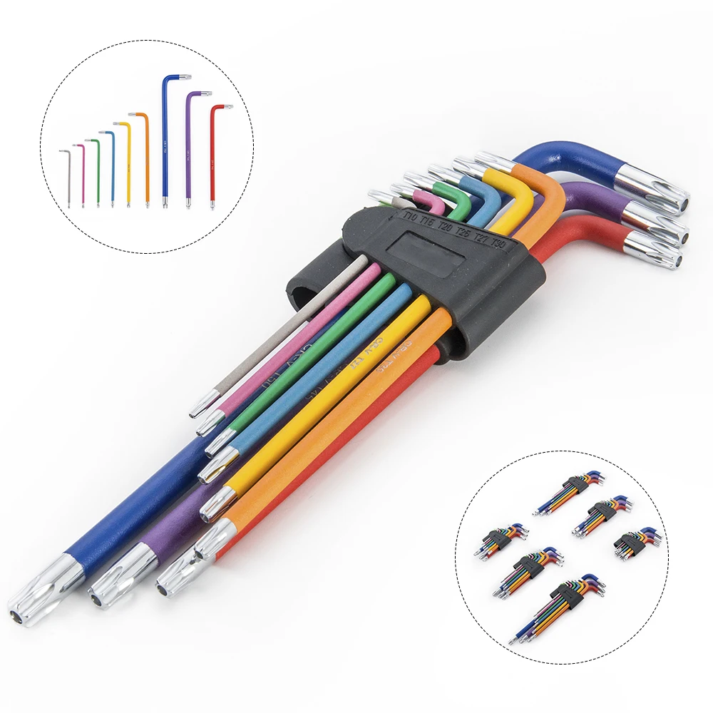 9pcs L shape colorful extra long arm torx wrenches for tamper resistant fasteners torx allen key wrench set