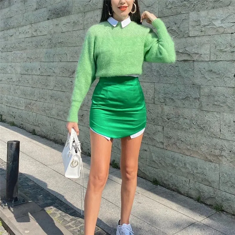 High Quality Satin Short Skirts Women Vintage Sexy Mini Women Green Red New Year Elegant Skirts High Waist A Line