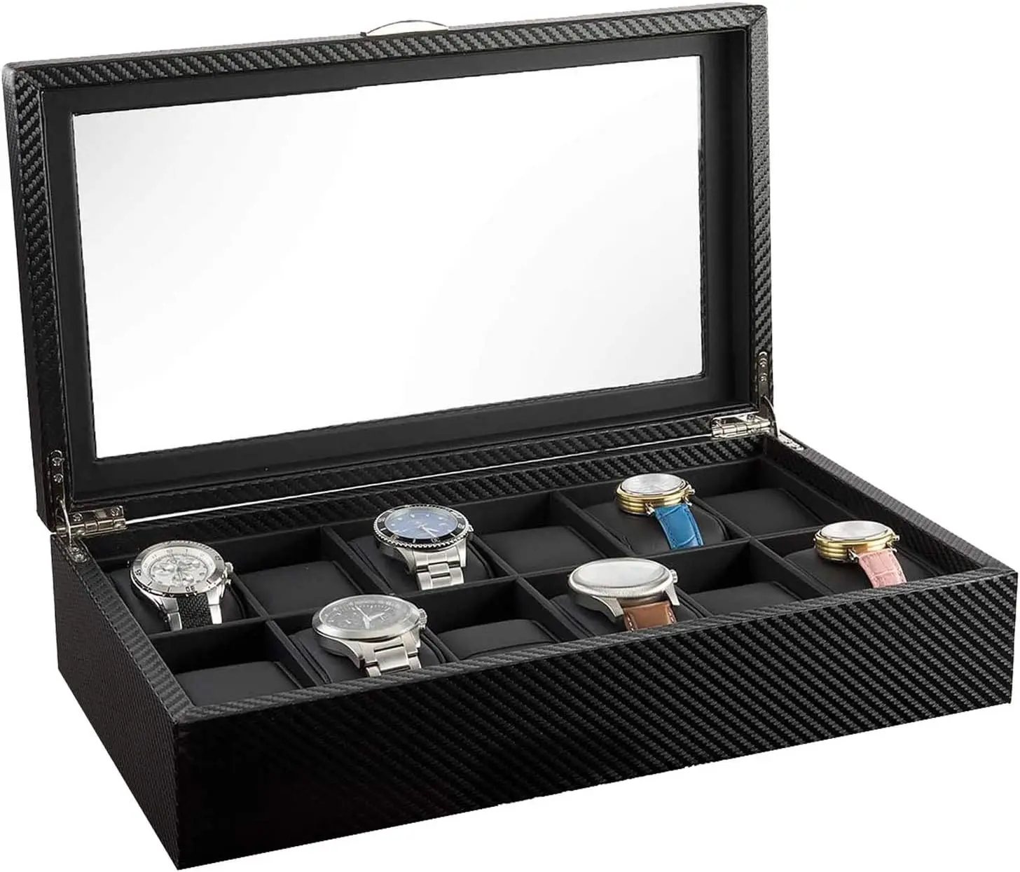 Faux Leather Display Case  Organizer For Men First Class Jewelry Watch Holder 12 Watch Slots Sleek Black Color