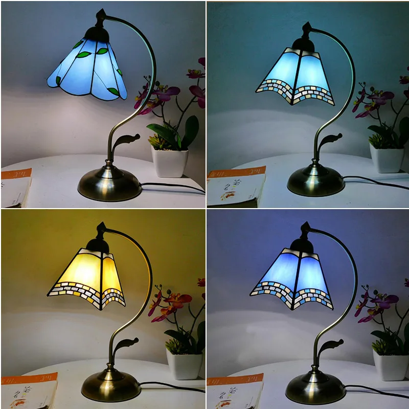 Modern Wrought Iron Desk and Bedside Lamp with Tiffany Lampshade for Home or Room Lighting