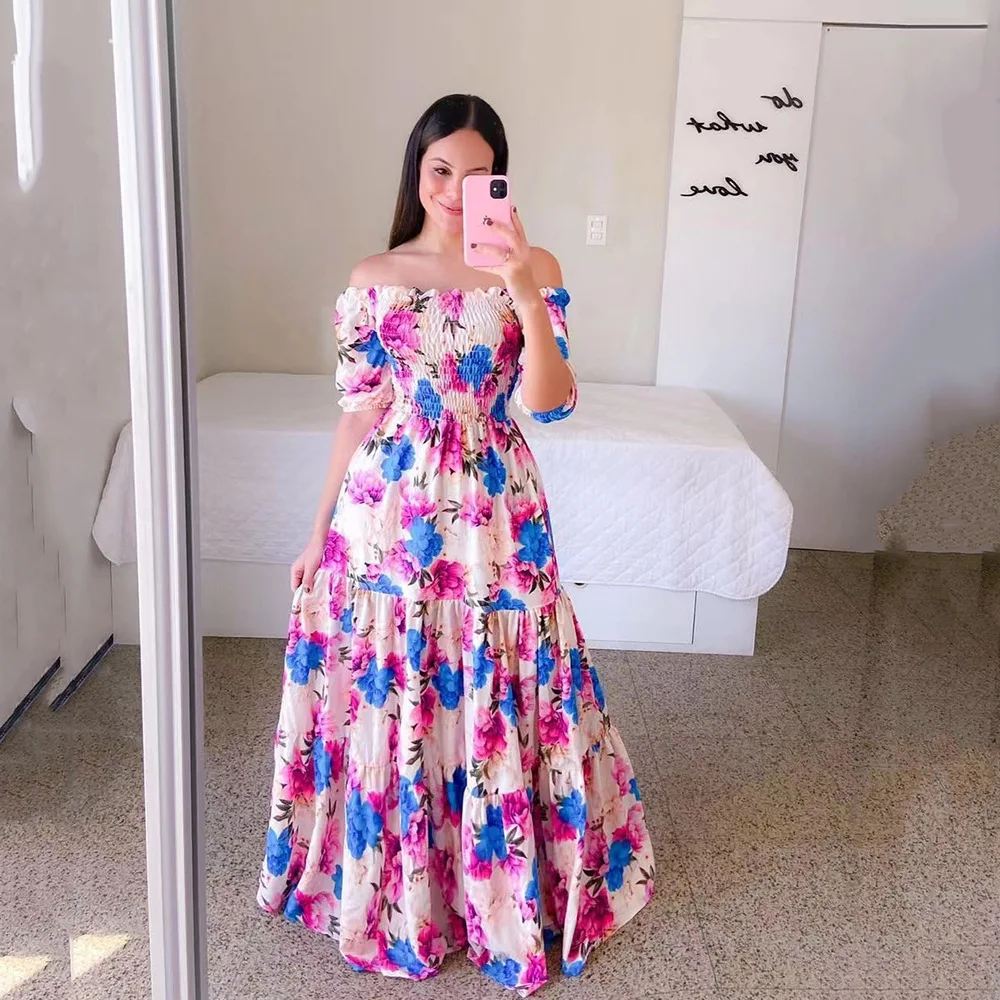 Casual Ladies Summer Sexy One-shoulder Floral printed Dress for Women Clothing Long Maxi Dresses Vestidos