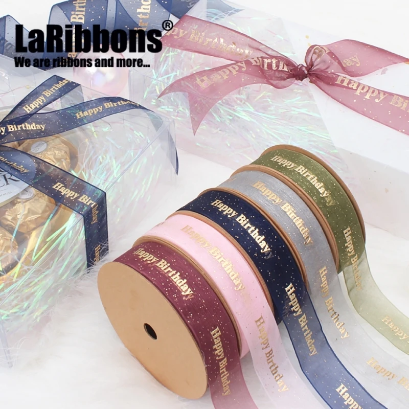 Custom Ribbons Happy Birthday gift ribbon gold foiled printed organza ribbon