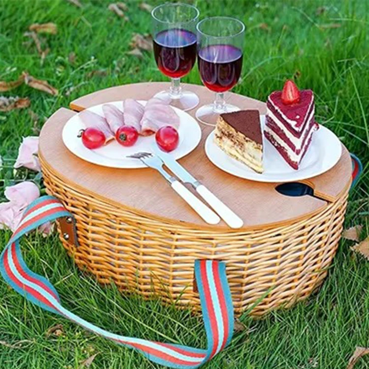 Foldable Bamboo Wine Table Picnic Basket Sets Picnic Kit Bamboo Vine Natural Wicker Basket For Outdoor Party