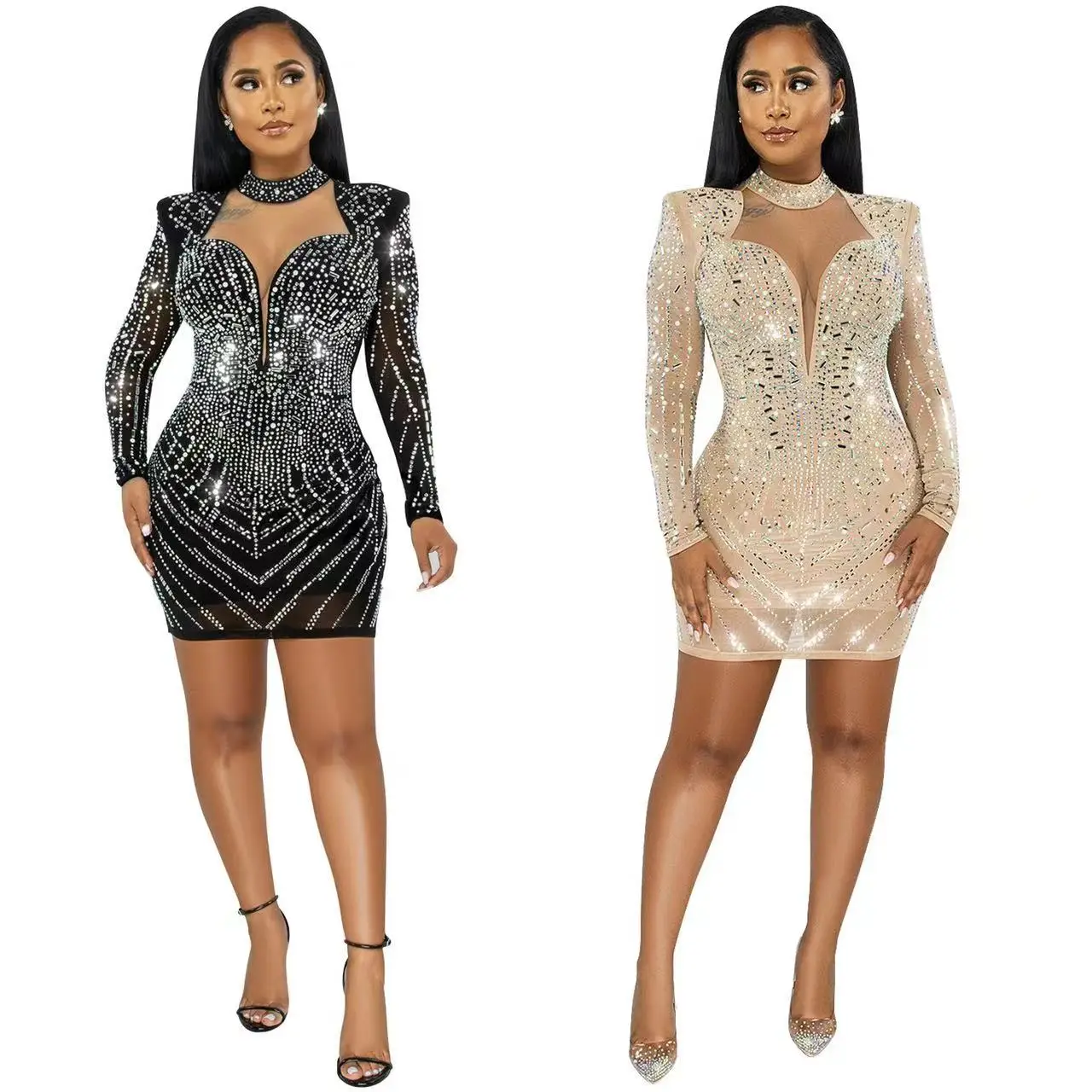 new arrivals Sparkly Diamond Pearl Dress Long Sleeve Tightshort Dress Women Birthday Celebrate brand evening dress