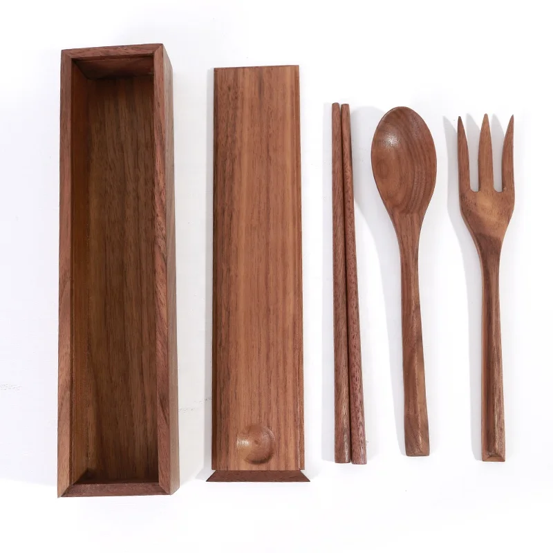Eco friendly luxury wooden solid wood cutlery set wooden chopsticks fork and spoon gift set