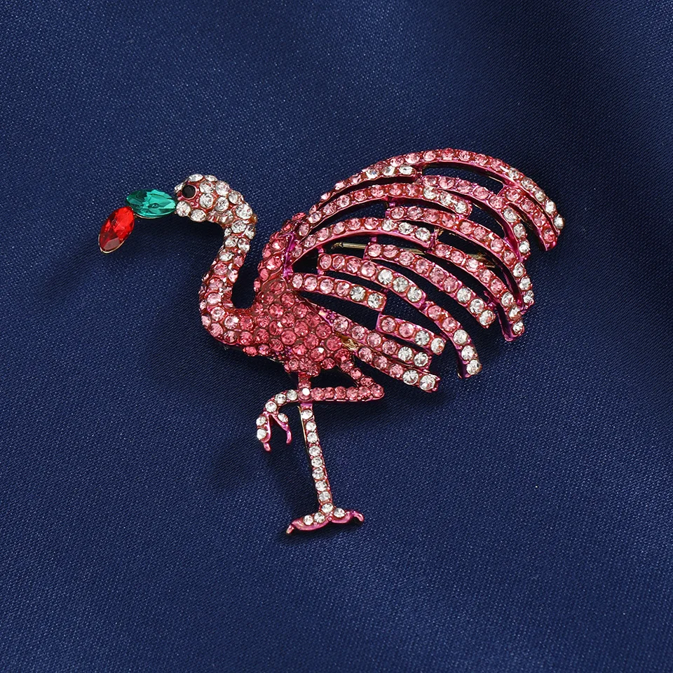 Fashionable Style Pins Pink Rhinestone Crane Flamingo Bird Brooches for Women