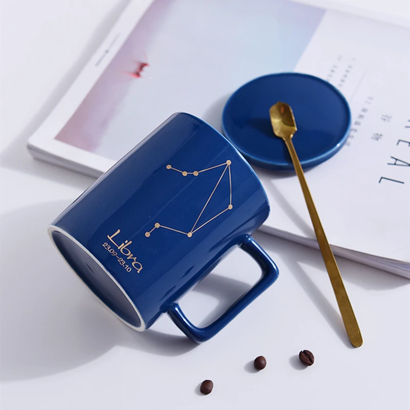 Promotion horoscope gold plated customized straight shape constellation ceramic mug with gold handle with lid