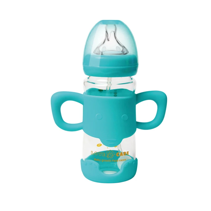 High quality baby bottle nipple wide mouth silicone cover glass infant nursing cartoon baby feeding bottle