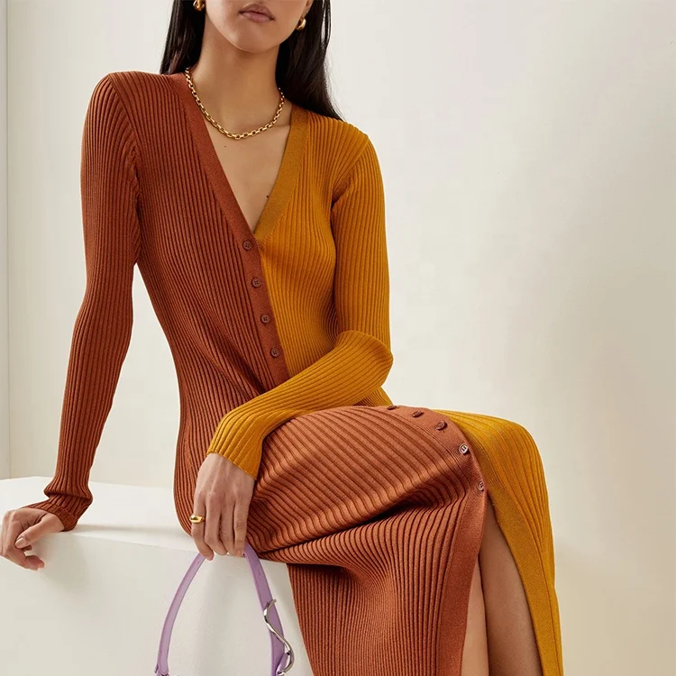 2022 оптовая продажа с фабрики темперамент пригородных одинакового цвета с v-образным вырезом с длинными рукавами на пуговицах с высокой талией на резинке вязаное платье