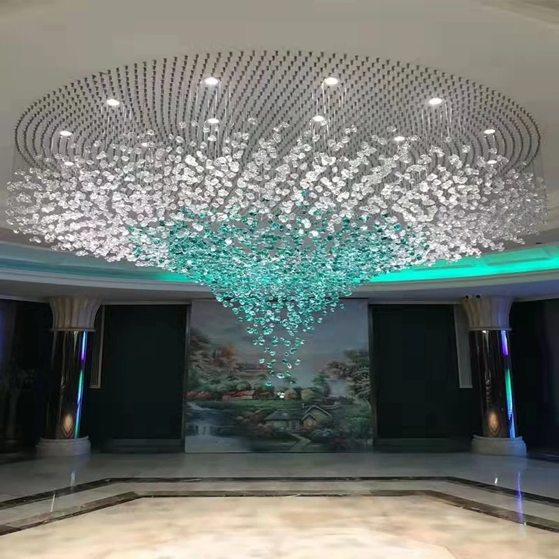 Hotel lobby large project luxury ceiling hanging green color crystal customization chandeliers & pendant lights