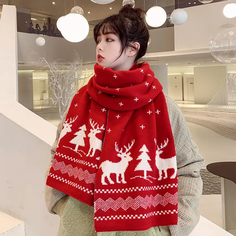 Christmas Gift Winter Scarf Warm Plush Snowflake Pashmina Shawl Knitted Cotton Scarf For Women