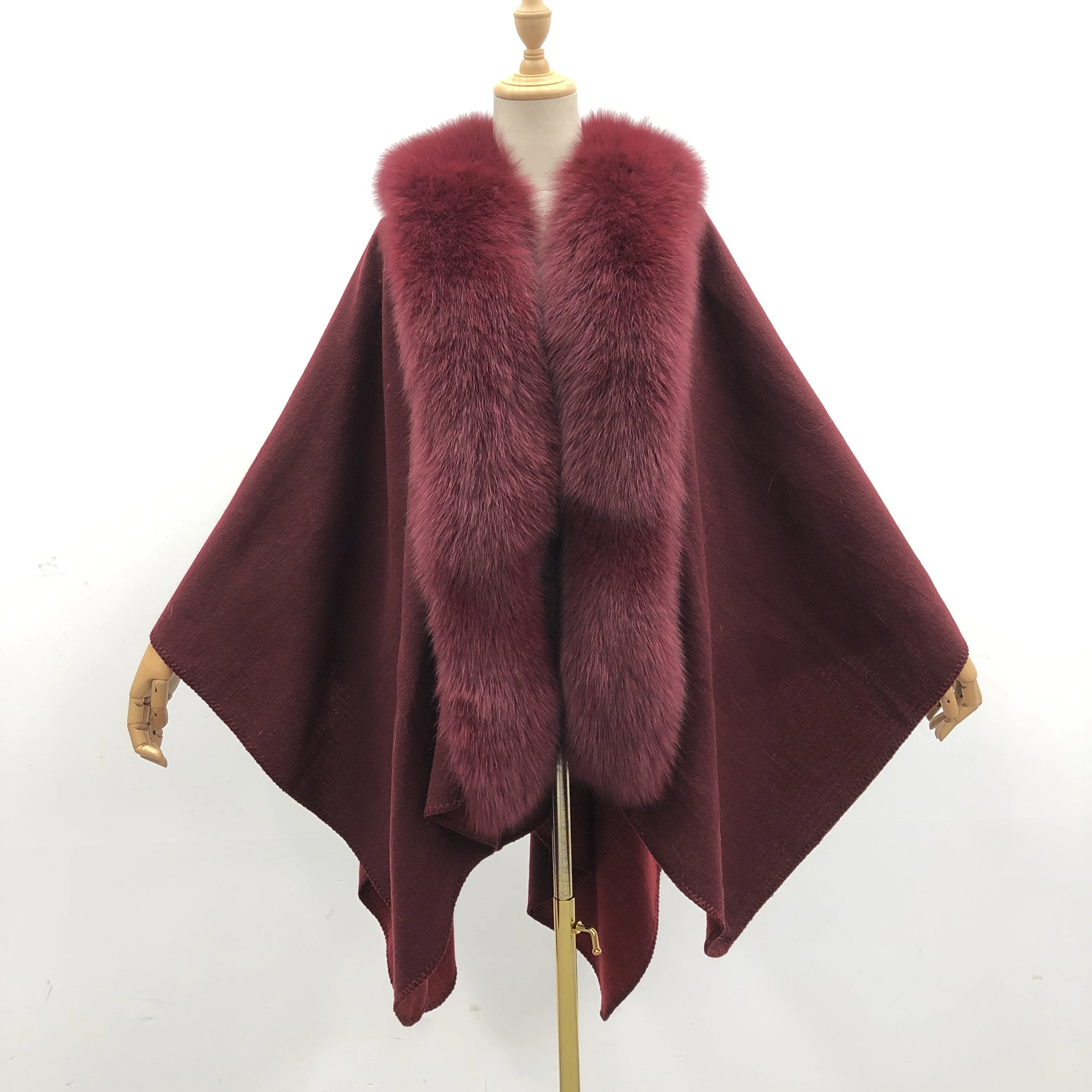 Wholesale Multiple styles custom warm winter wool poncho ladies real fox fur shawls with fur collar